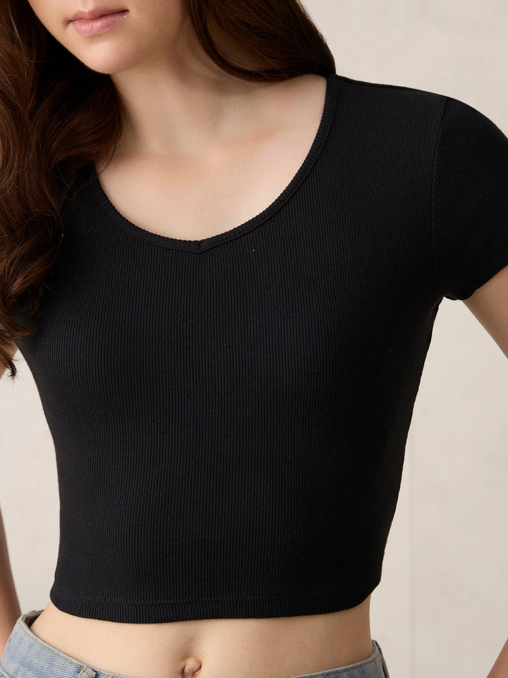 Black Basic Fitted V Neck Ribbed Top