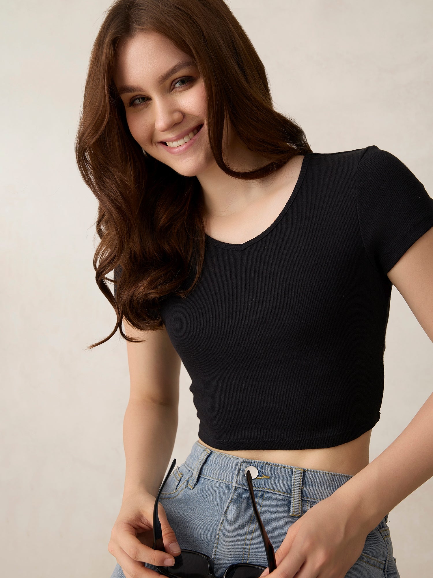 Black Basic Fitted V Neck Ribbed Top
