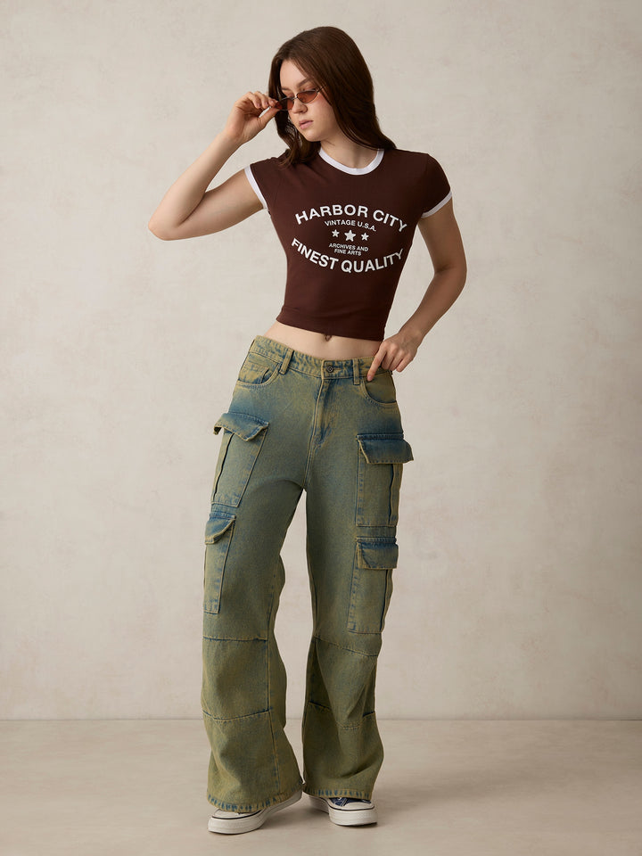 Brown Graphic Cropped T-Shirt