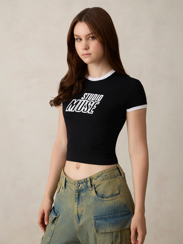 Black Graphic Cropped T-Shirt