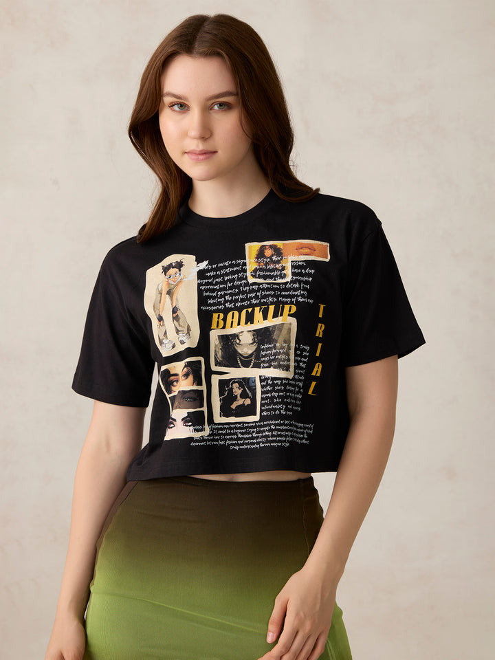 Black Graphic Cropped T-Shirt