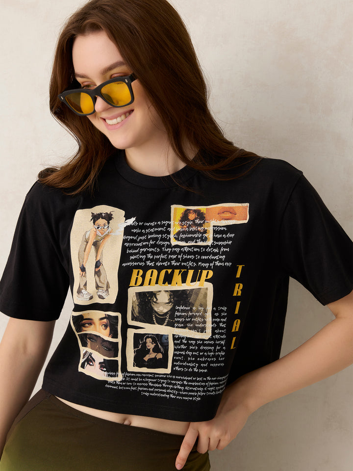 Black Graphic Cropped T-Shirt