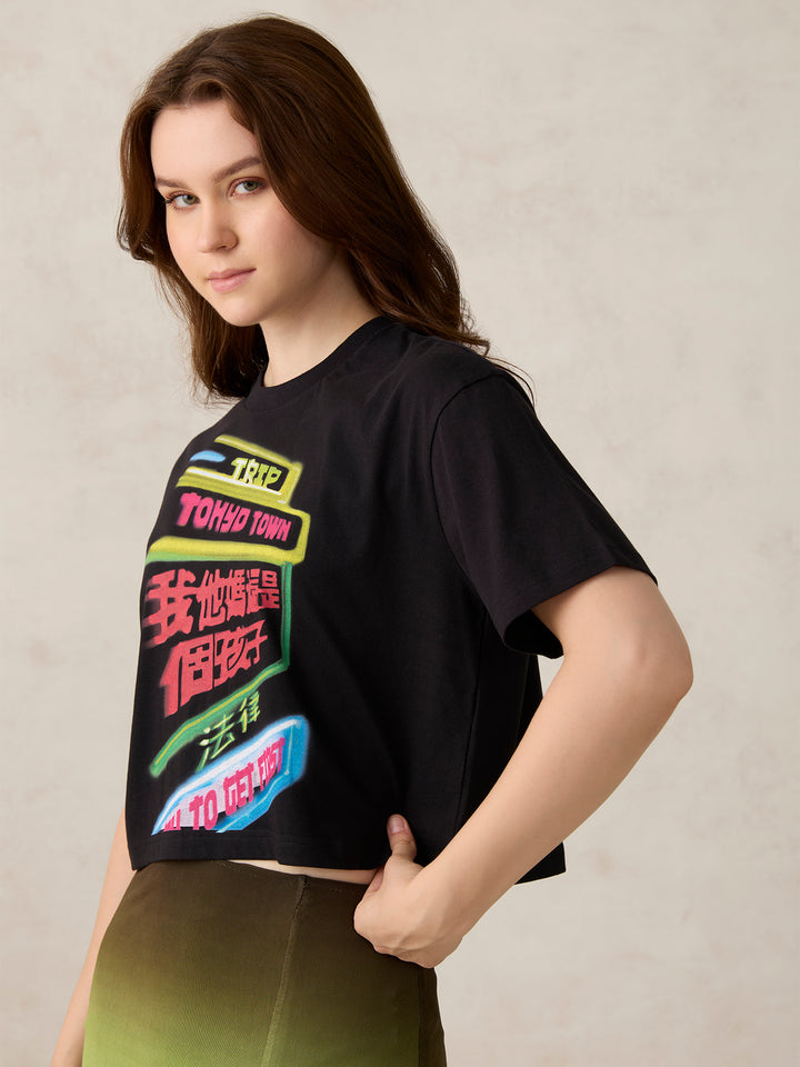 Black Graphic Cropped T-Shirt