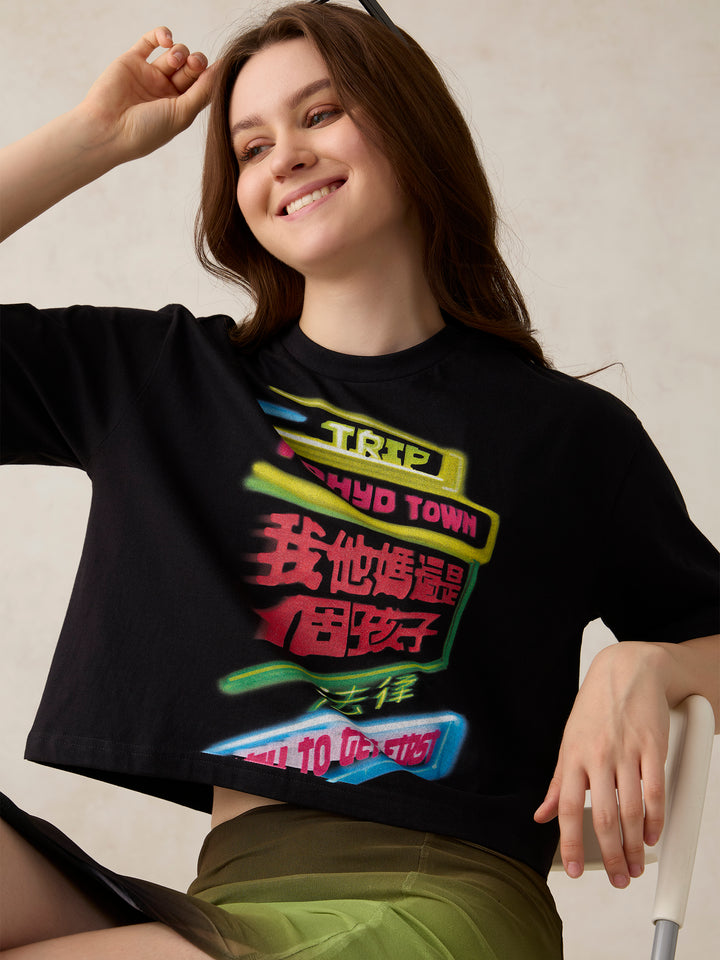 Black Graphic Cropped T-Shirt
