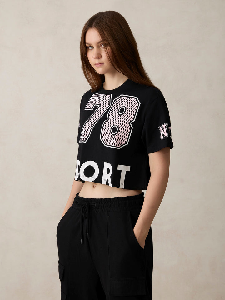 Black Graphic Cropped Boxy T-Shirt