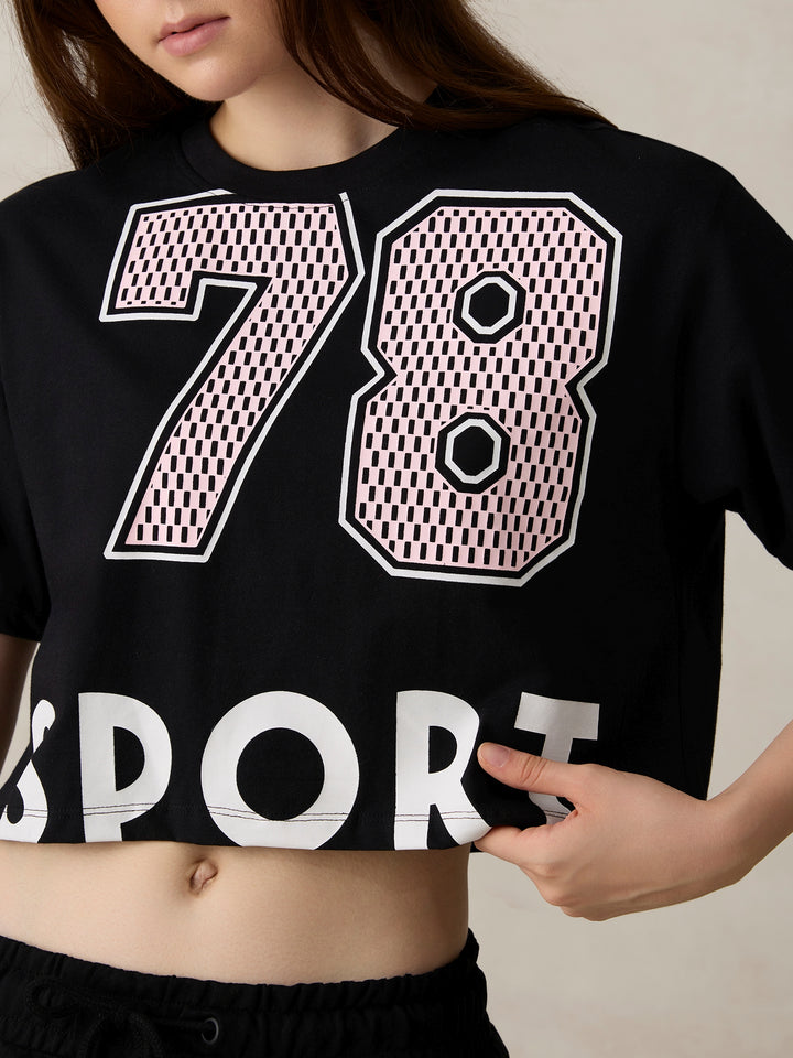 Black Graphic Cropped Boxy T-Shirt