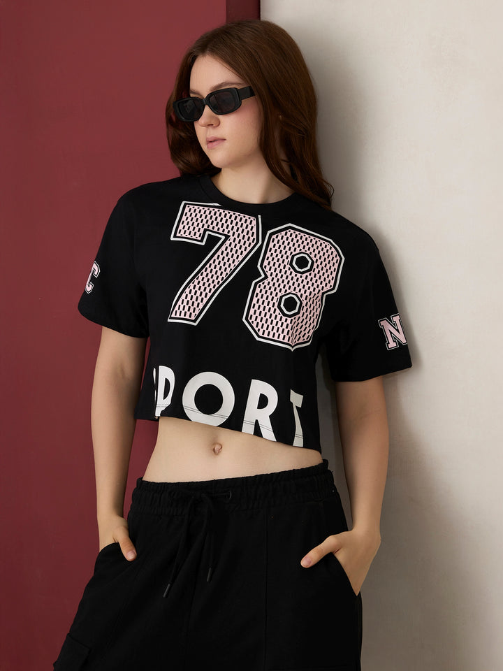Black Graphic Cropped Boxy T-Shirt