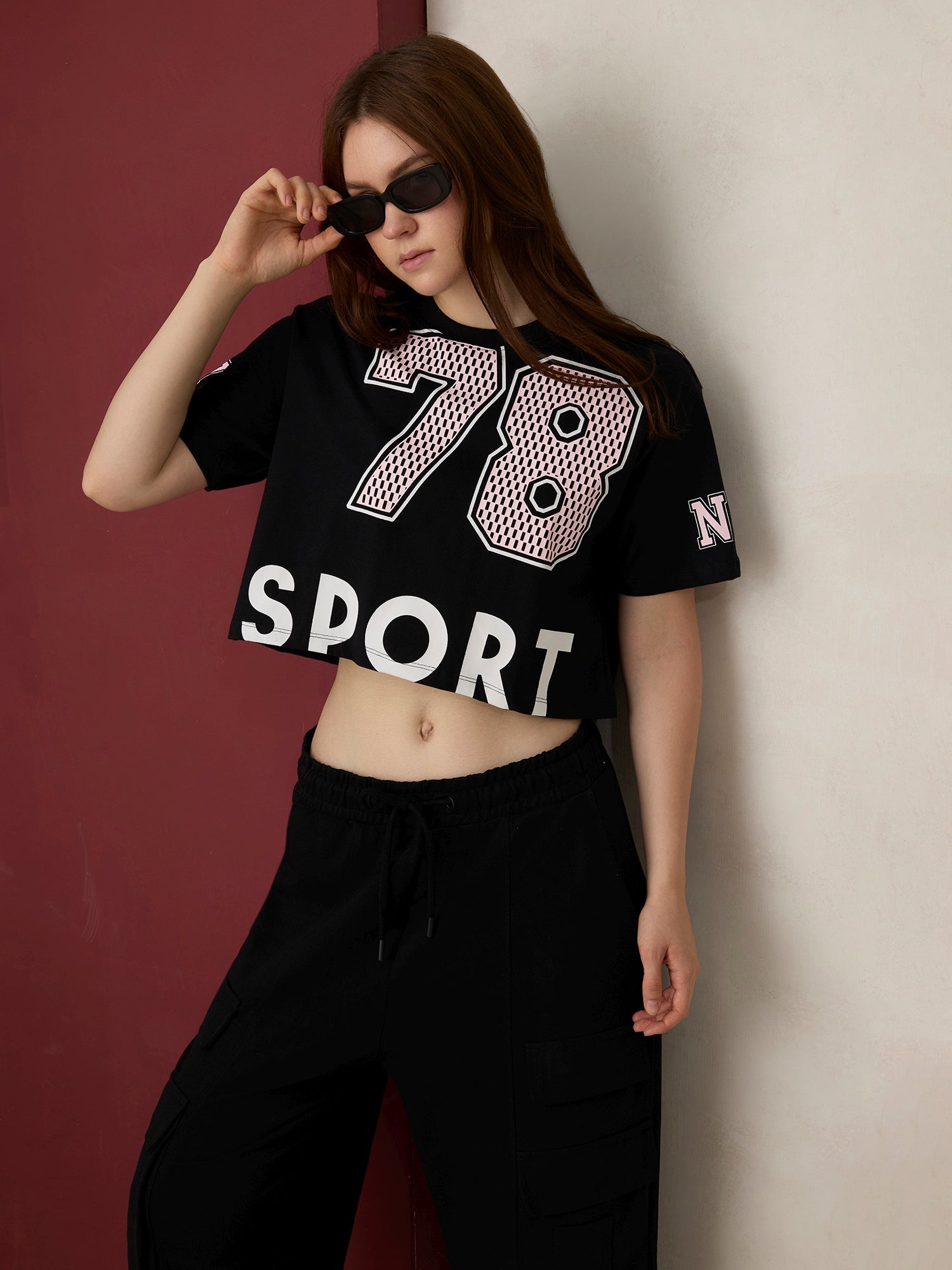 Black Graphic Cropped Boxy T-Shirt