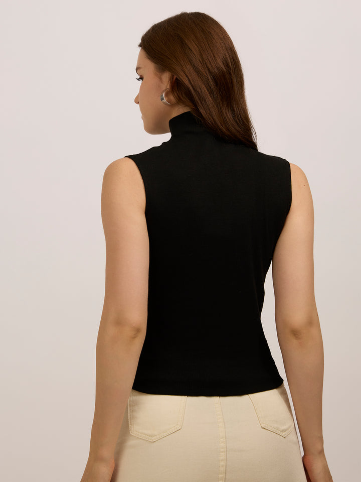 Black High Neck Solid Ribbed Top