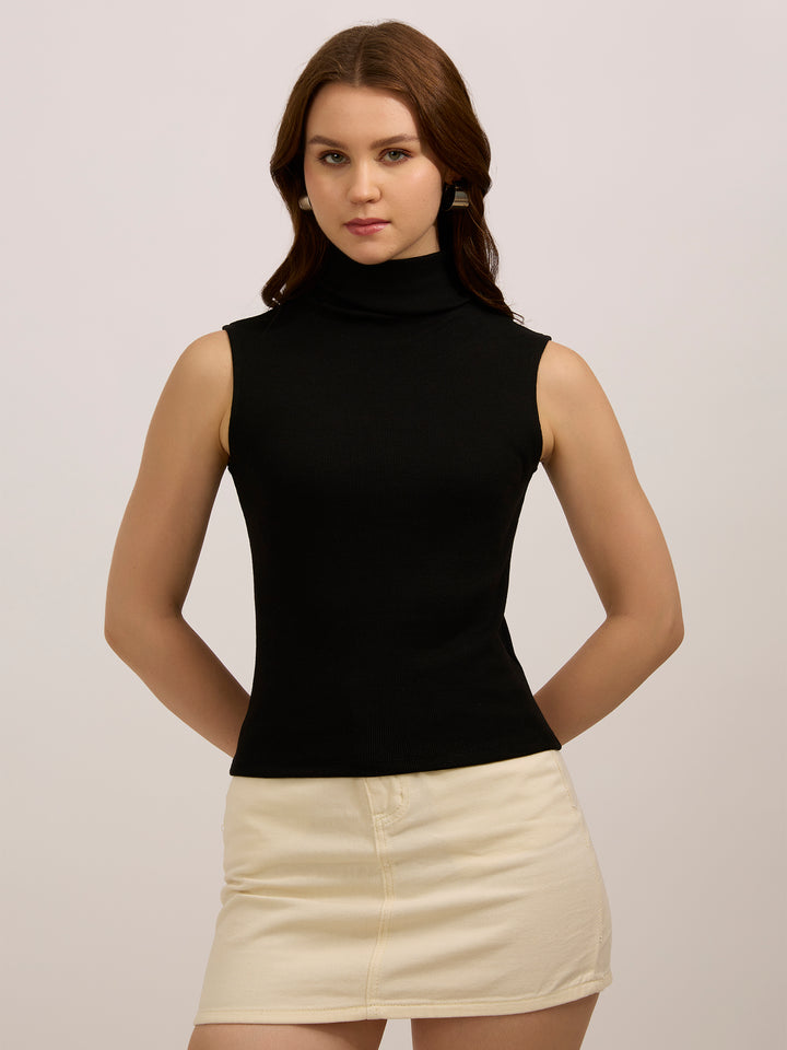 Black High Neck Solid Ribbed Top