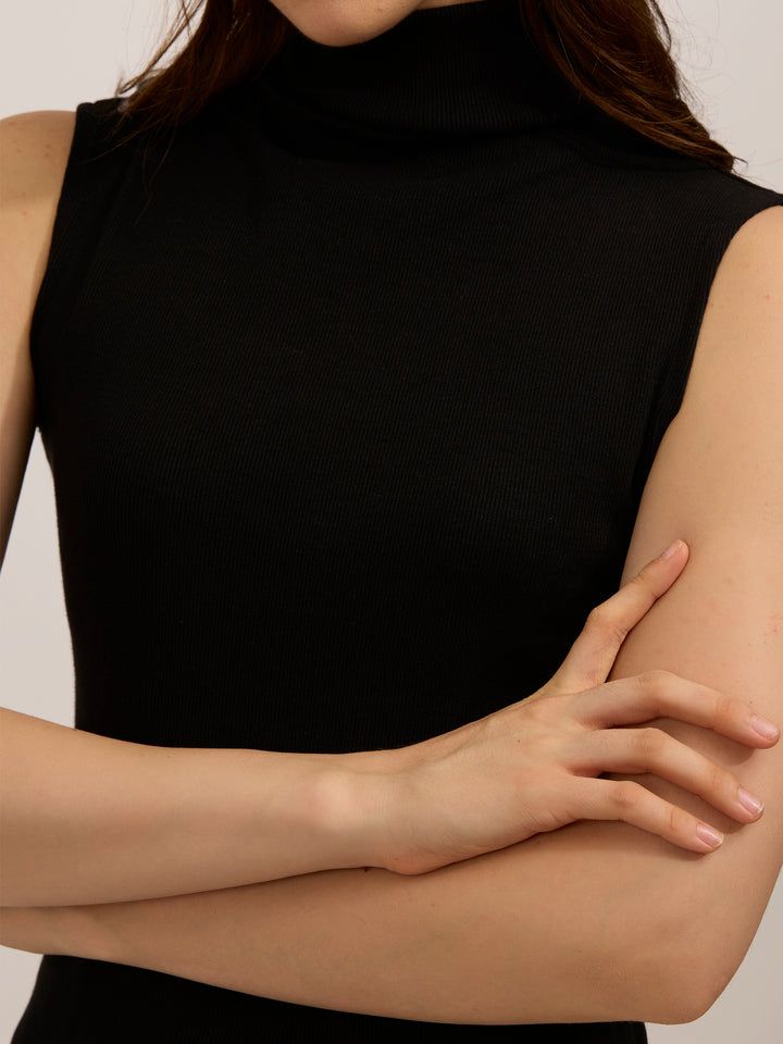 Black High Neck Solid Ribbed Top