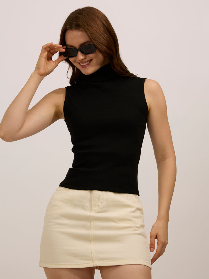 Black High Neck Solid Ribbed Top