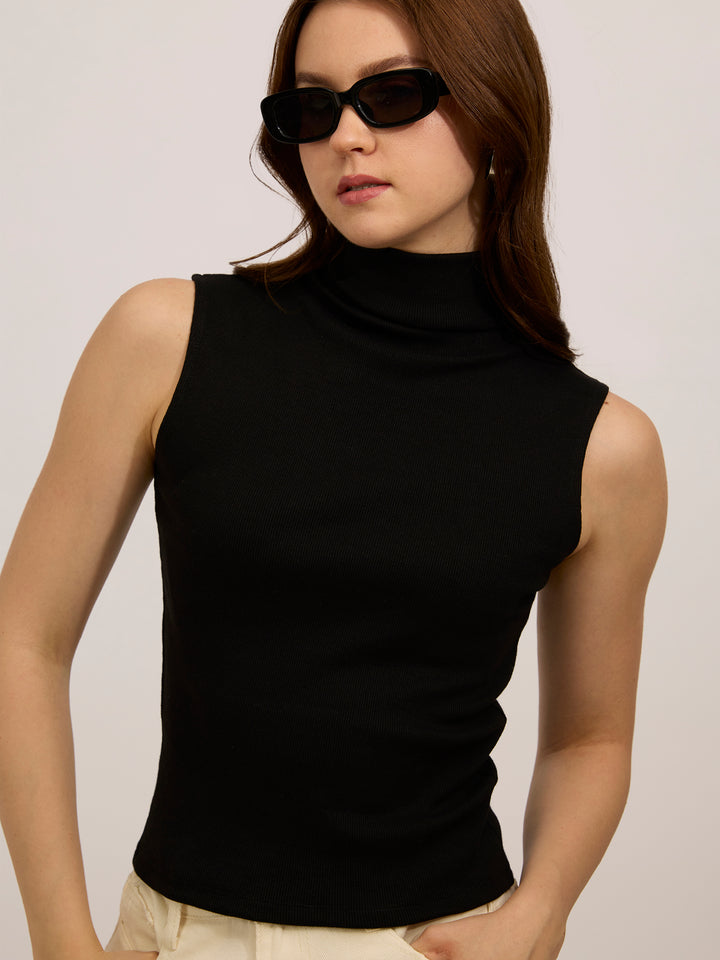 Black High Neck Solid Ribbed Top