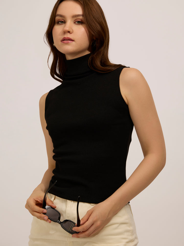 Black High Neck Solid Ribbed Top
