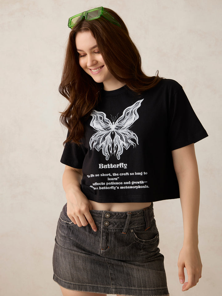 Black Cropped Graphic T-Shirt