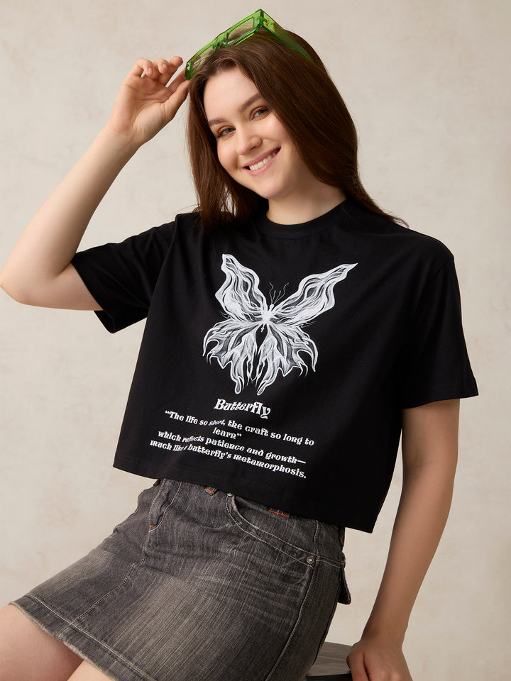 Black Cropped Graphic T-Shirt