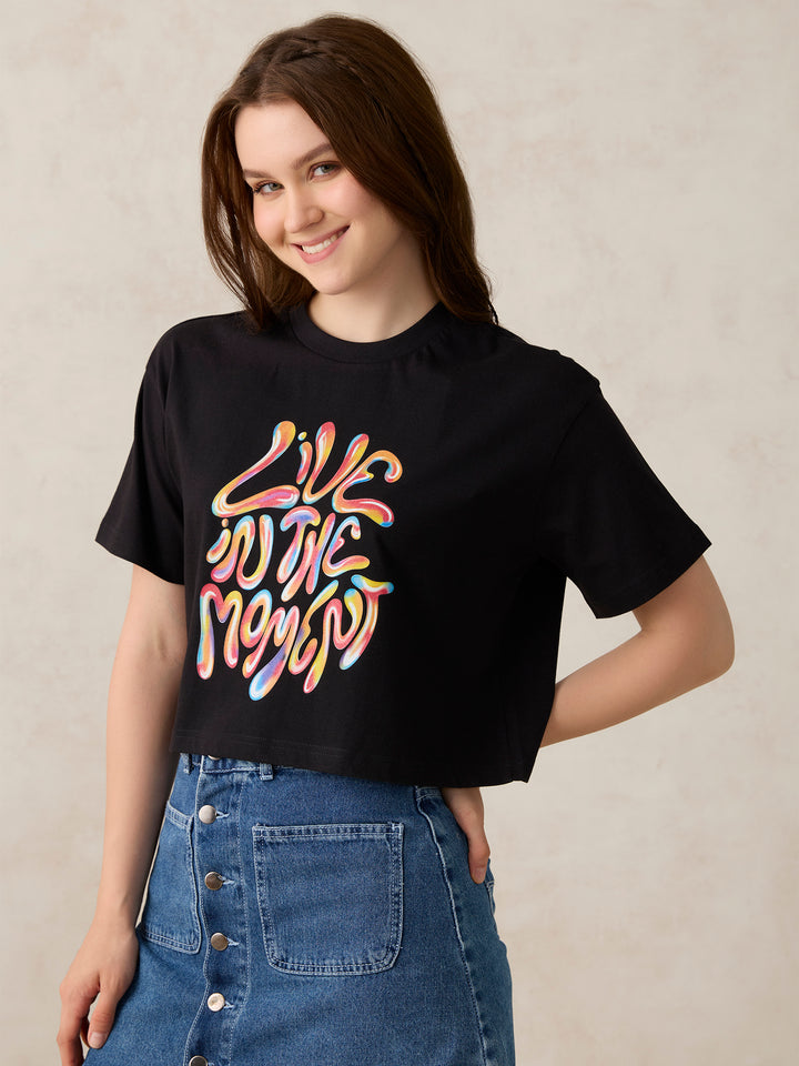 Black Cropped Graphic T-Shirt