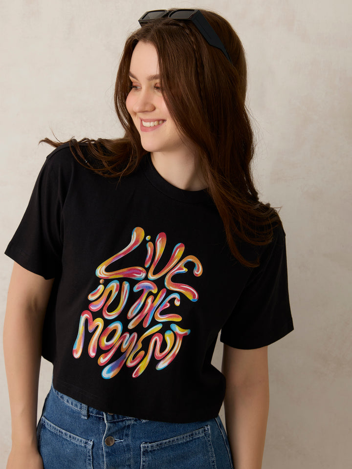 Black Cropped Graphic T-Shirt