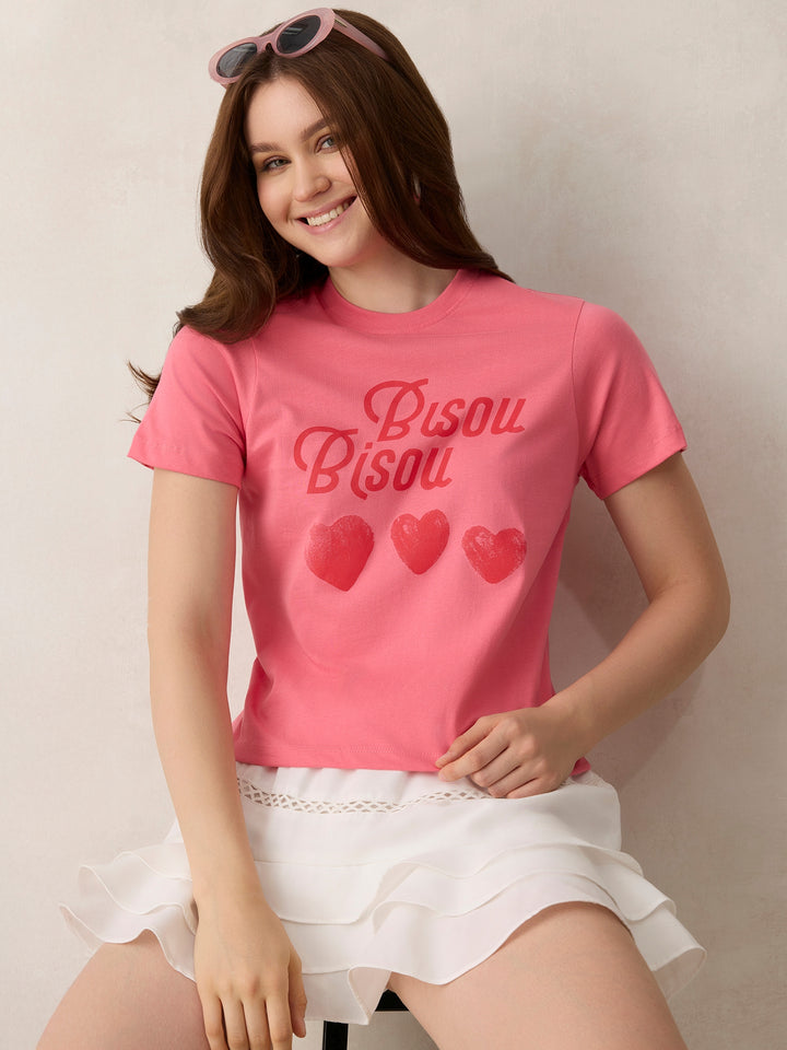 Pink Crew Neck Graphic T-Shirt