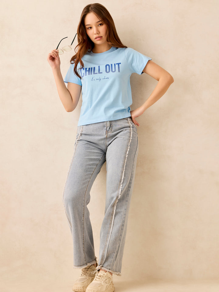 Blue Crew Neck Graphic T-Shirt