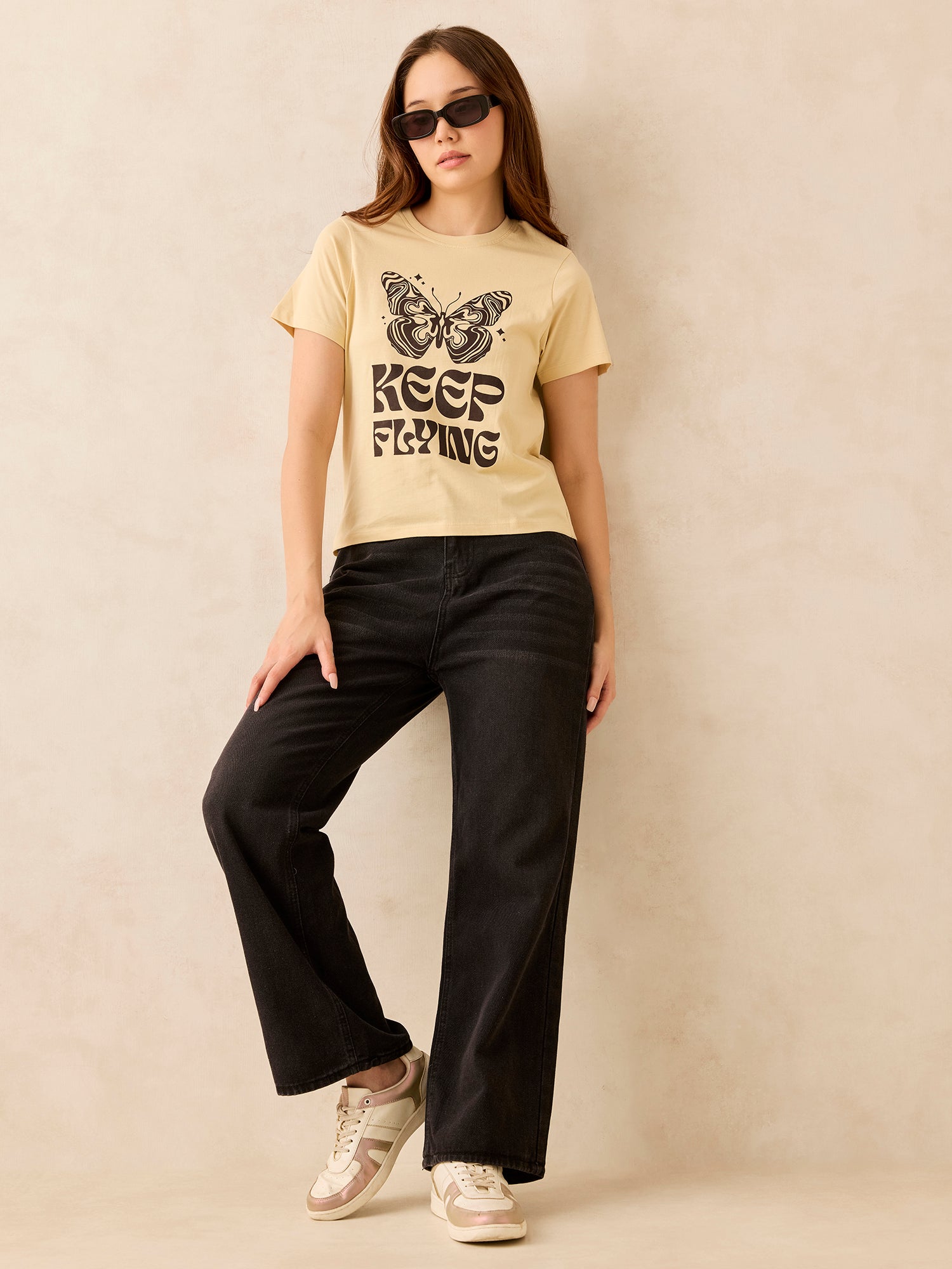 Shop Beige Crew Neck Graphic T-Shirt - for Women | OUTZIDR