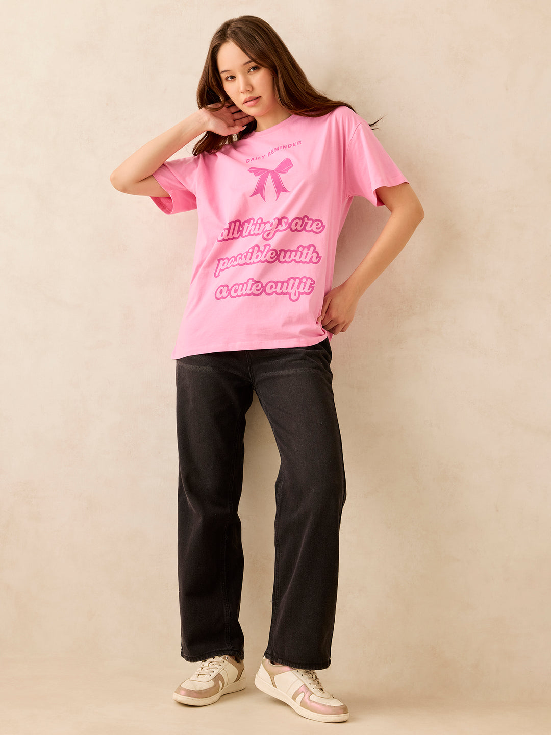 Pink Crew Neck Graphic T-Shirt