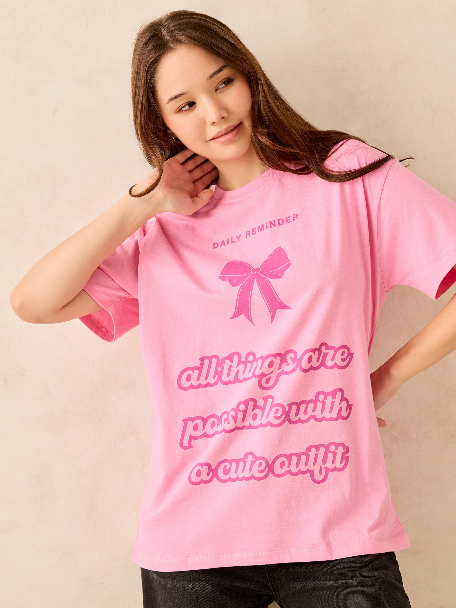 Pink Crew Neck Graphic T-Shirt