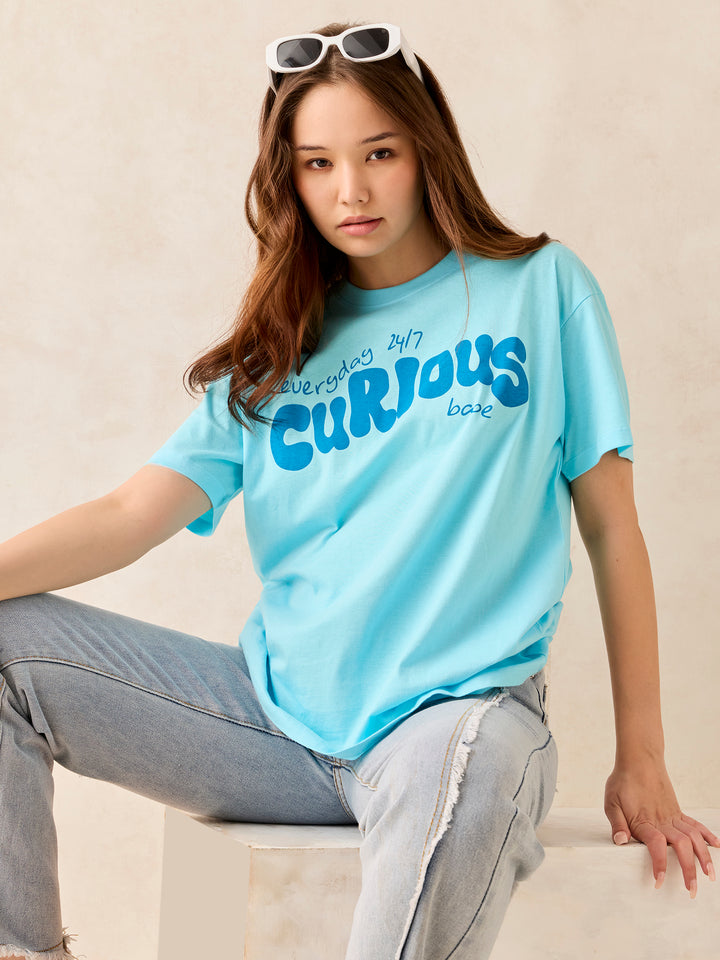 Blue Crew Neck Graphic T-Shirt