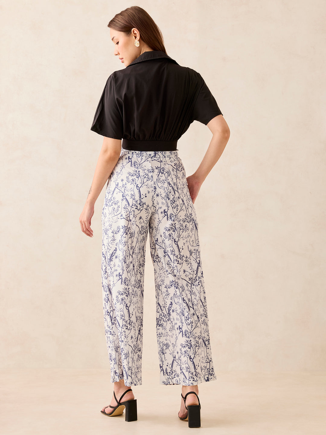 Black Solid Top With Printed Wide Leg Trouser Coord Set