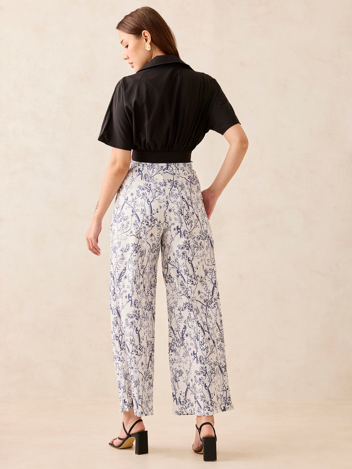 Black Solid Top With Printed Wide Leg Trouser Coord Set