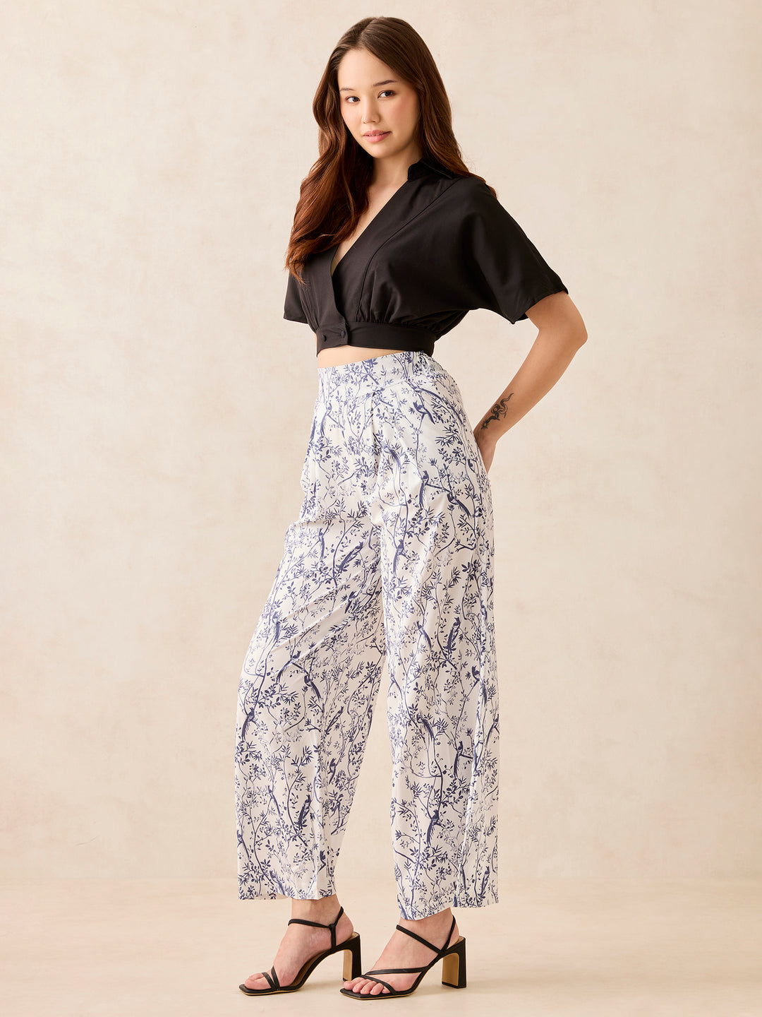 Black Solid Top With Printed Wide Leg Trouser Coord Set