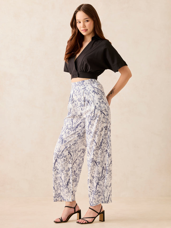 Black Solid Top With Printed Wide Leg Trouser Coord Set