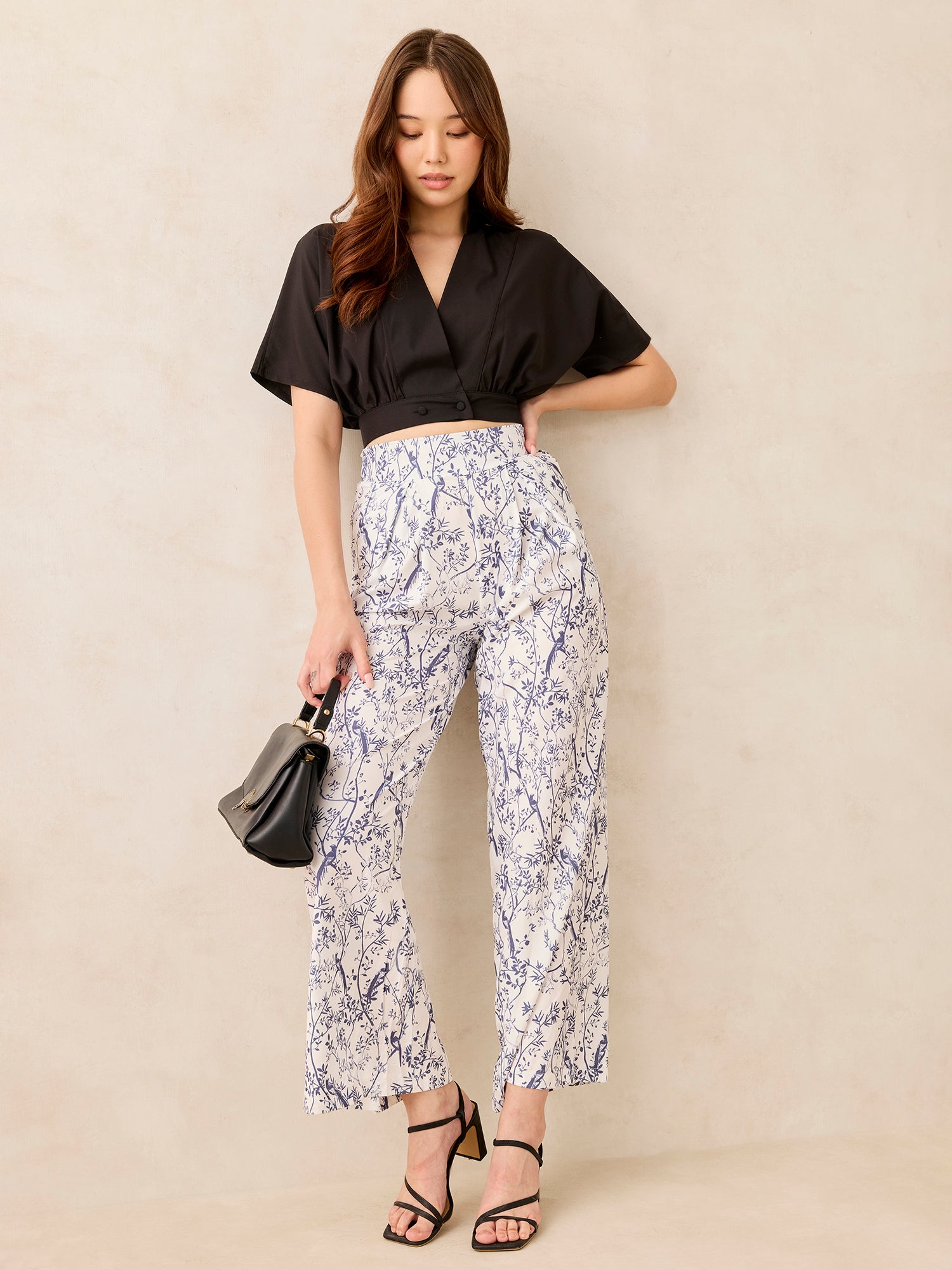 Black Solid Top With Printed Wide Leg Trouser Coord Set