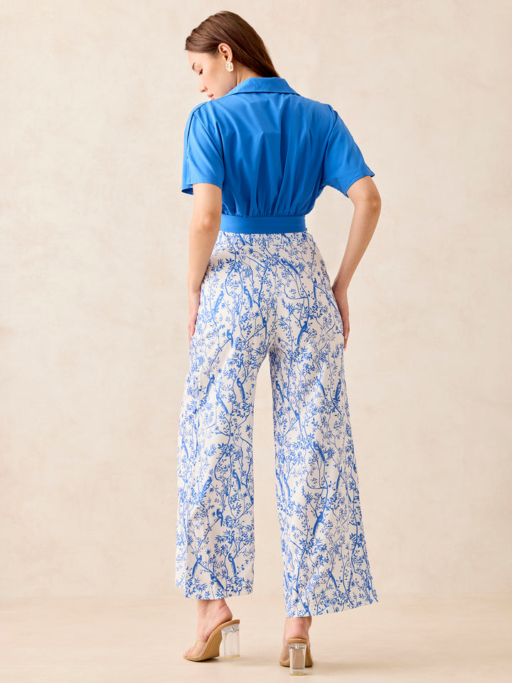 Blue Solid Top With Printed Wide Leg Trouser Coord Set