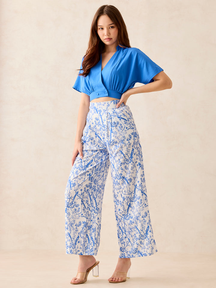 Blue Solid Top With Printed Wide Leg Trouser Coord Set