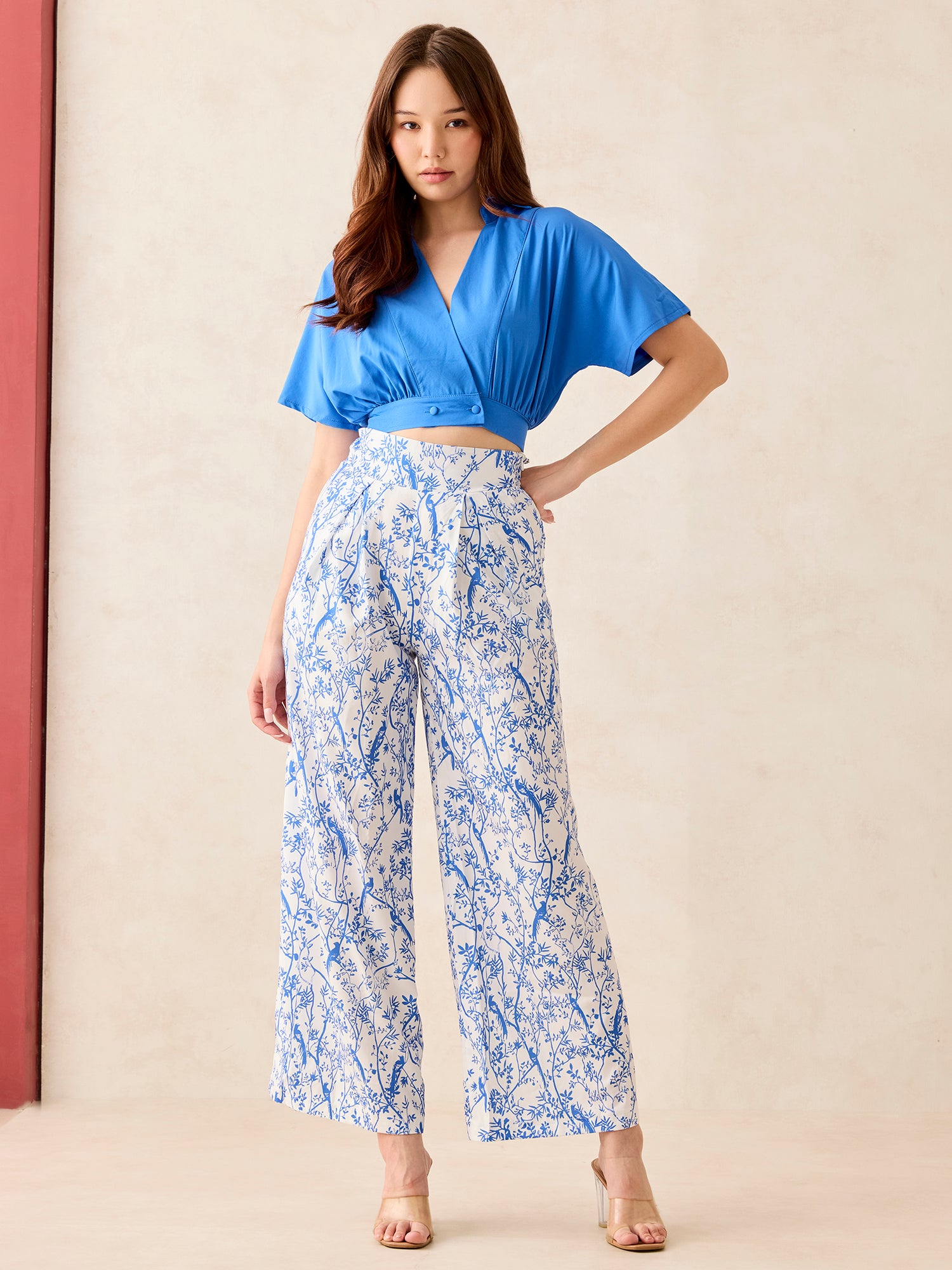 Blue Solid Top With Printed Wide Leg Trouser Coord Set