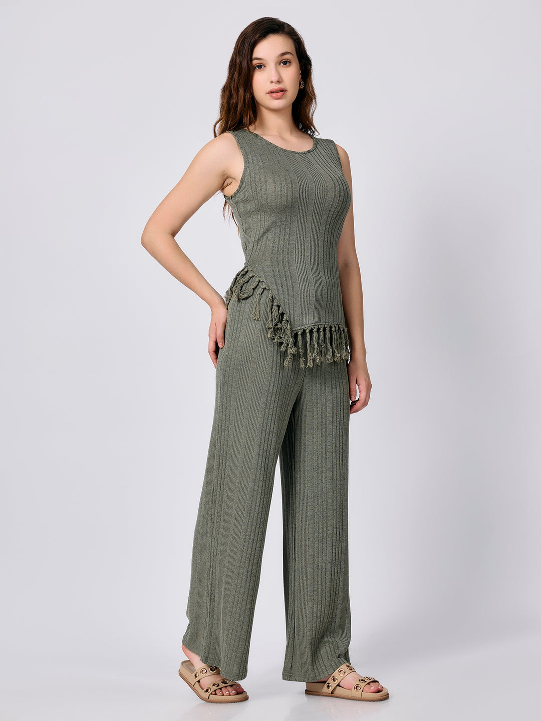 Green Sleeveless Top With Straight Trouser Coord Set