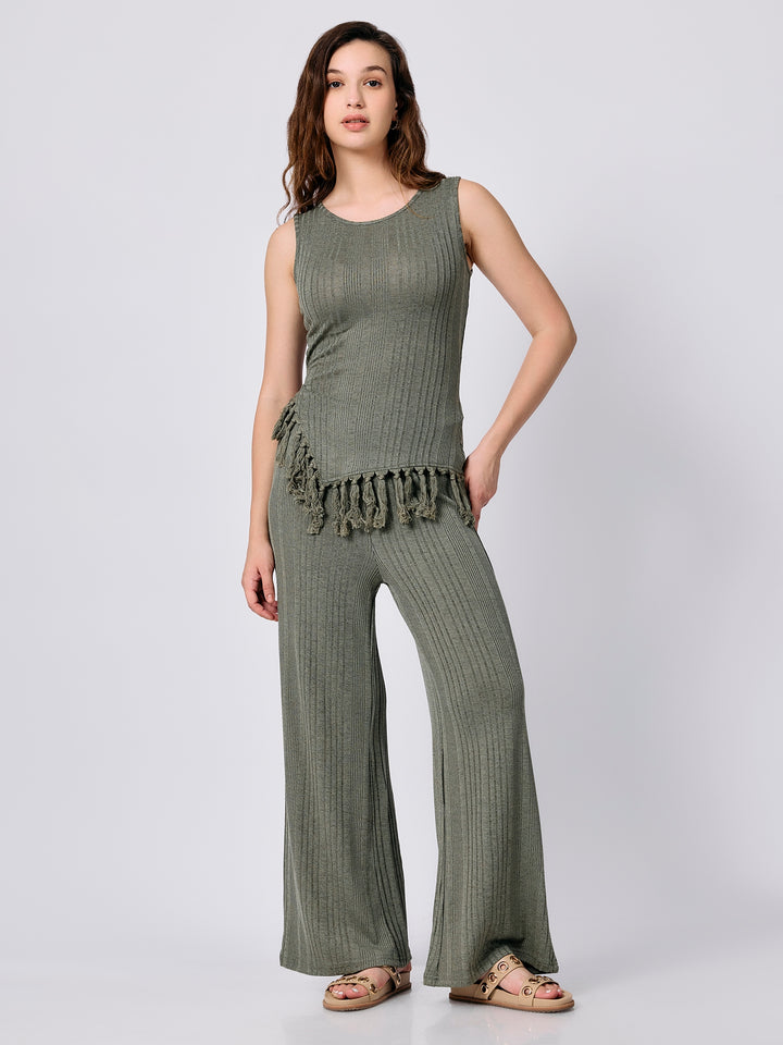 Green Sleeveless Top With Straight Trouser Coord Set