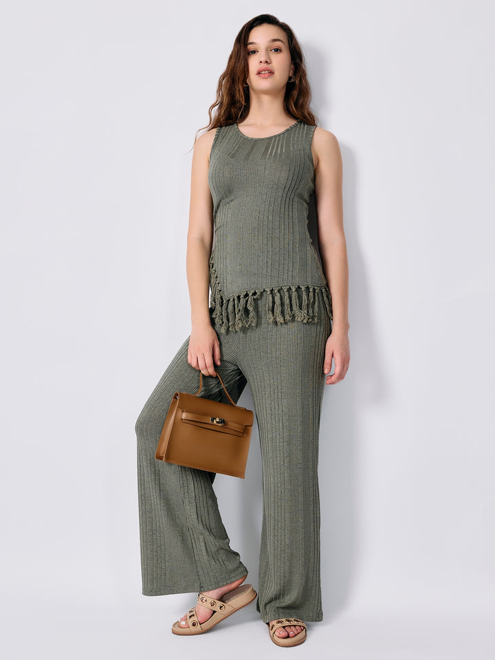Green Sleeveless Top With Straight Trouser Coord Set