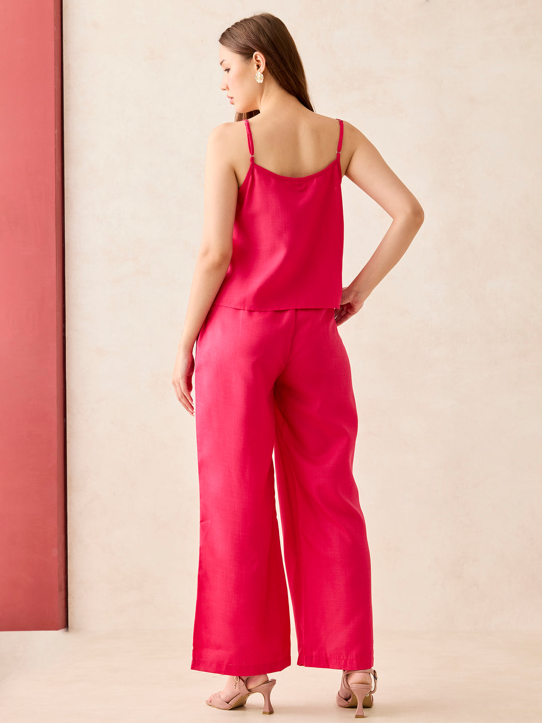 Pink Cami Top With Straight Pant Coord Set