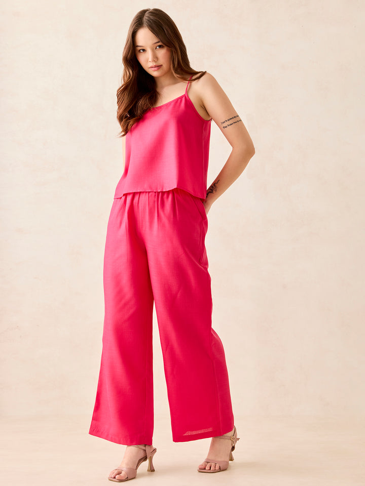 Pink Cami Top With Straight Pant Coord Set