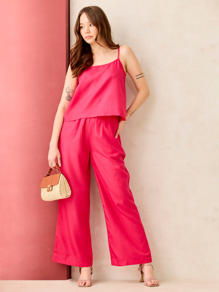 Pink Cami Top With Straight Pant Coord Set
