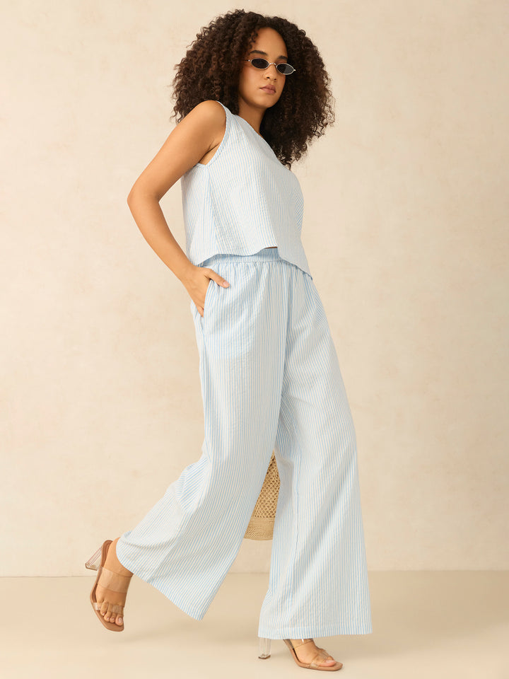 Blue Stripes Crop Top And Loose Fitted Pants Co-Ords