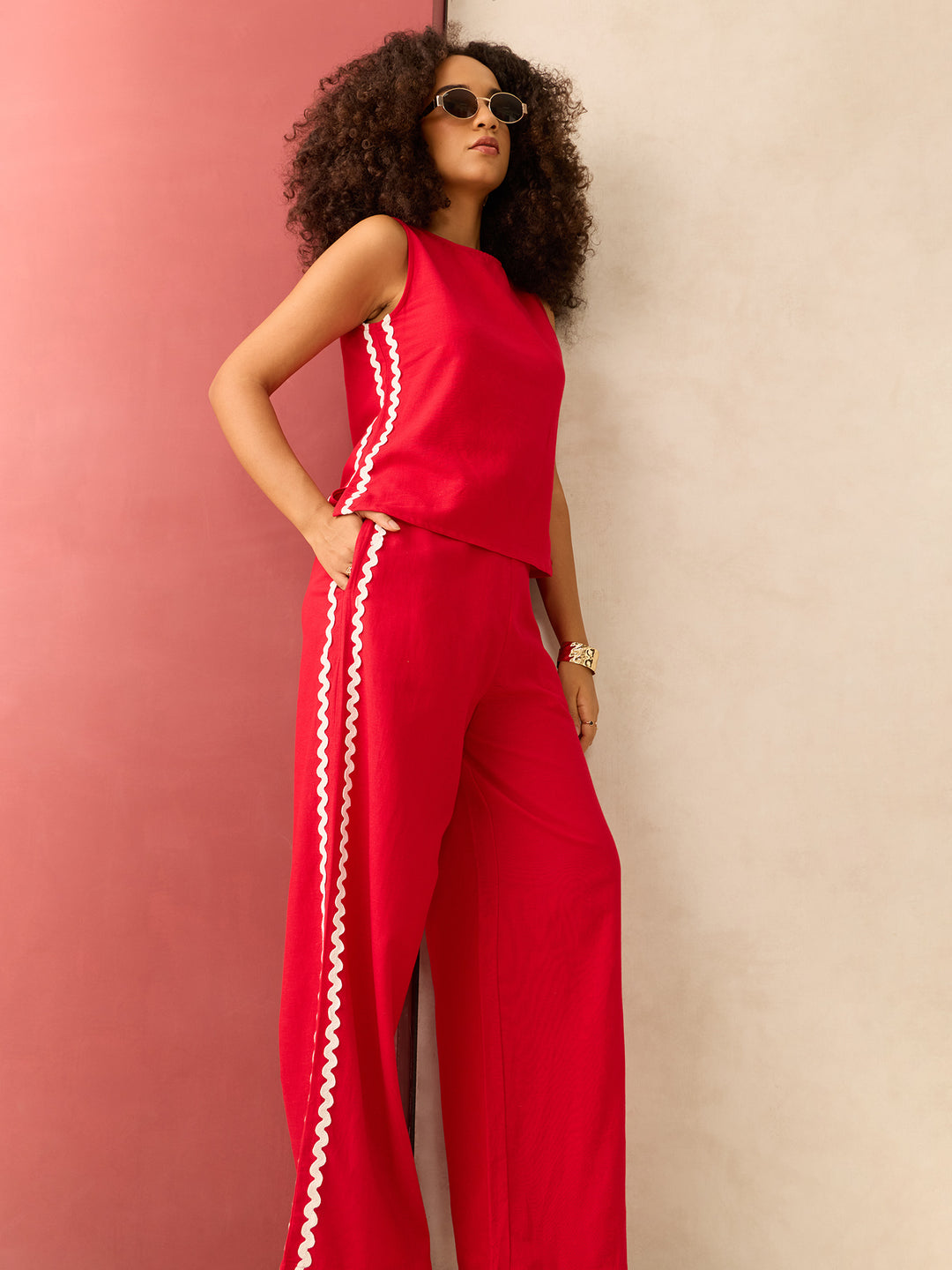 Red Sleeveless Shirt And Loose Pants Co-Ords Set