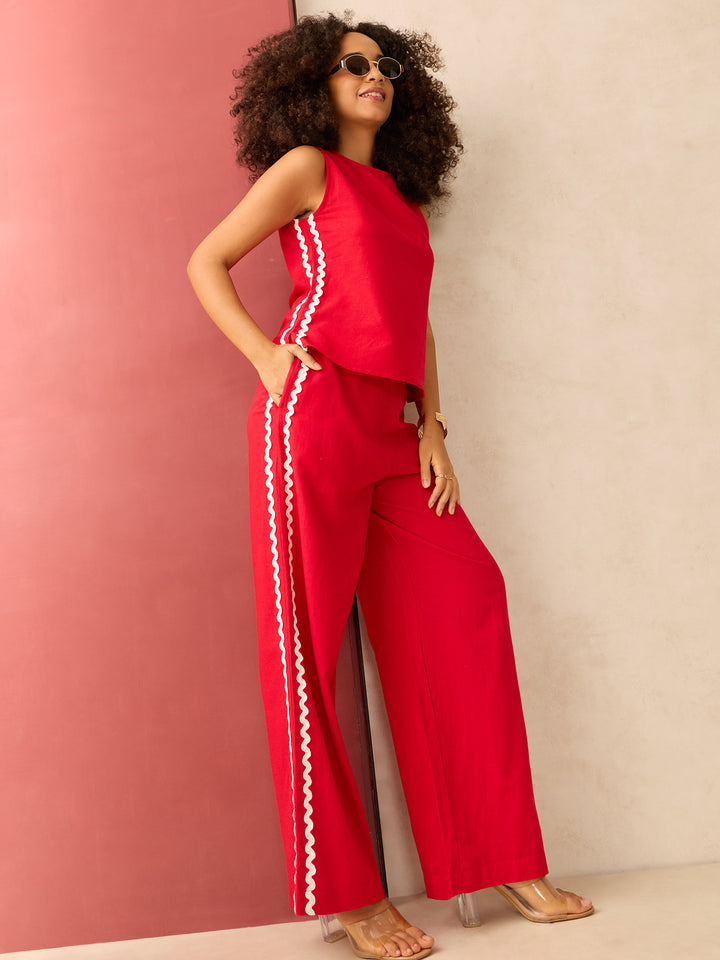 Red Sleeveless Shirt And Loose Pants Co-Ords Set