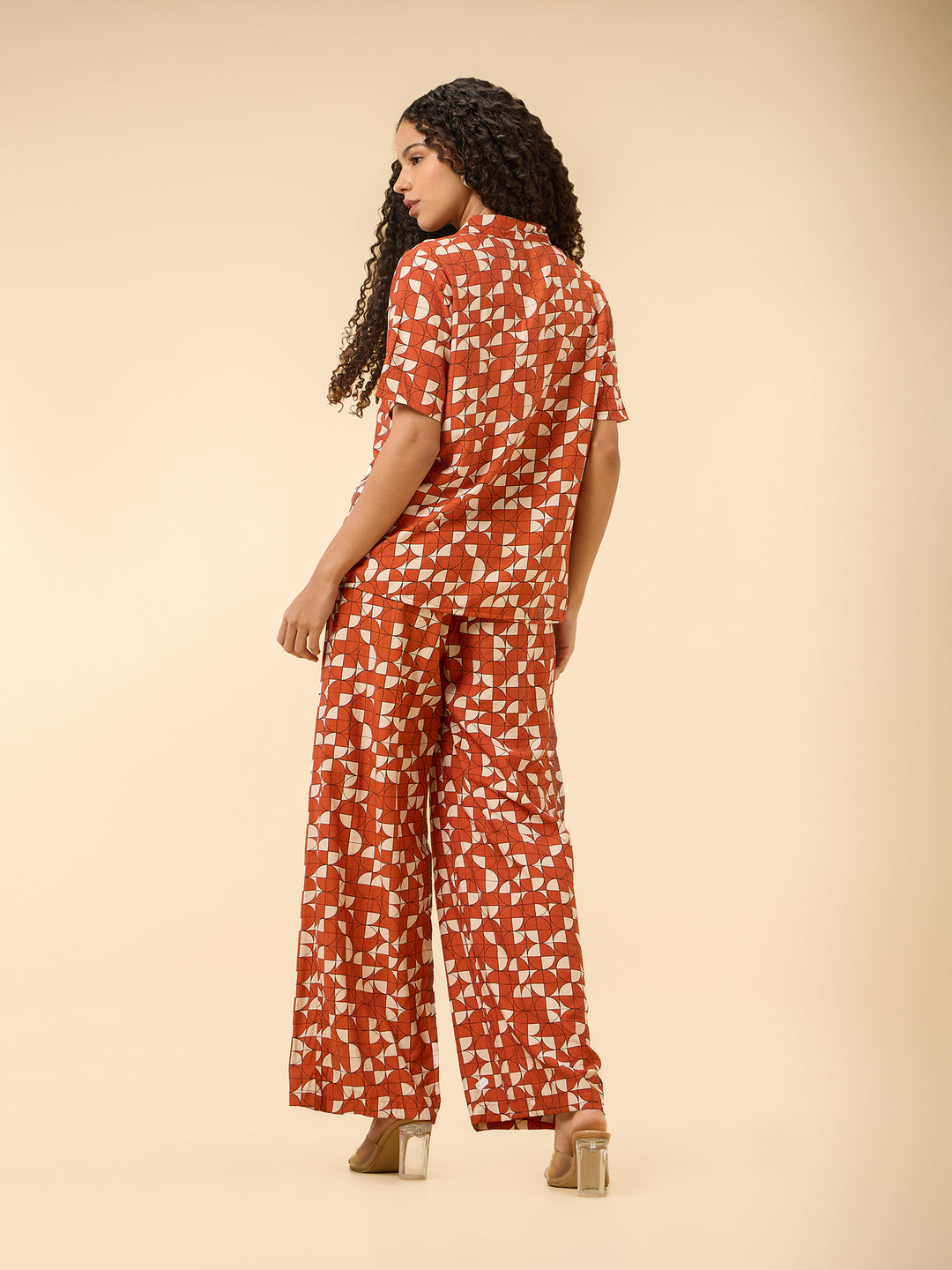 Rust Abstract Print Top And Pants Co Ord Set
