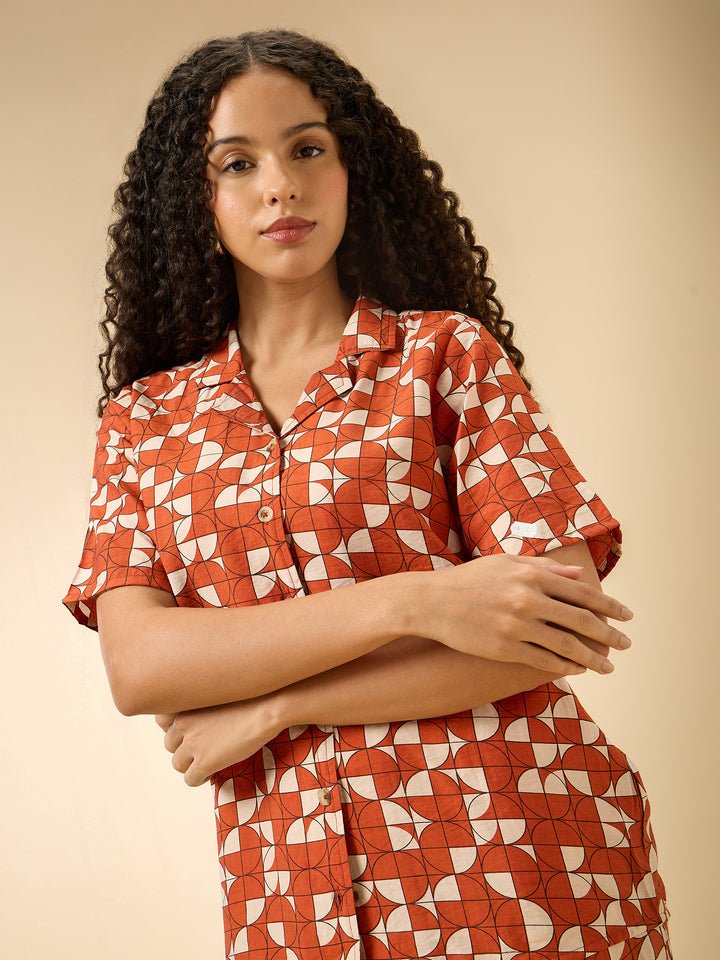 Rust Abstract Print Top And Pants Co Ord Set