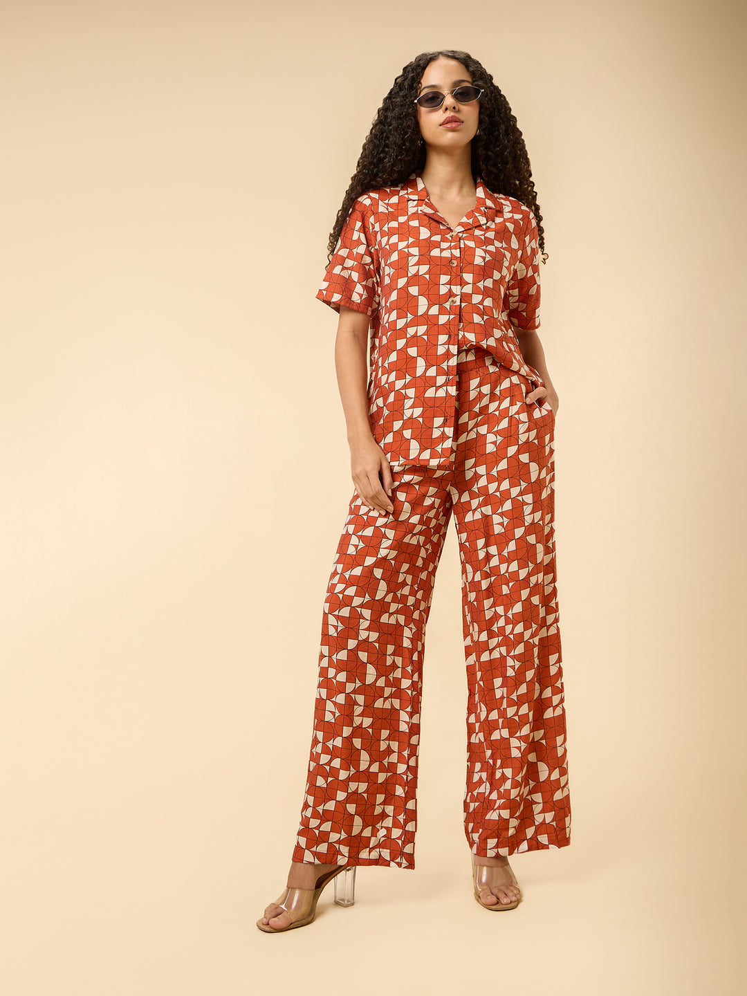 Rust Abstract Print Top And Pants Co Ord Set
