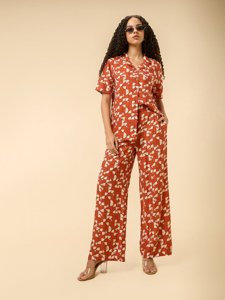 Rust Abstract Print Top And Pants Co Ord Set