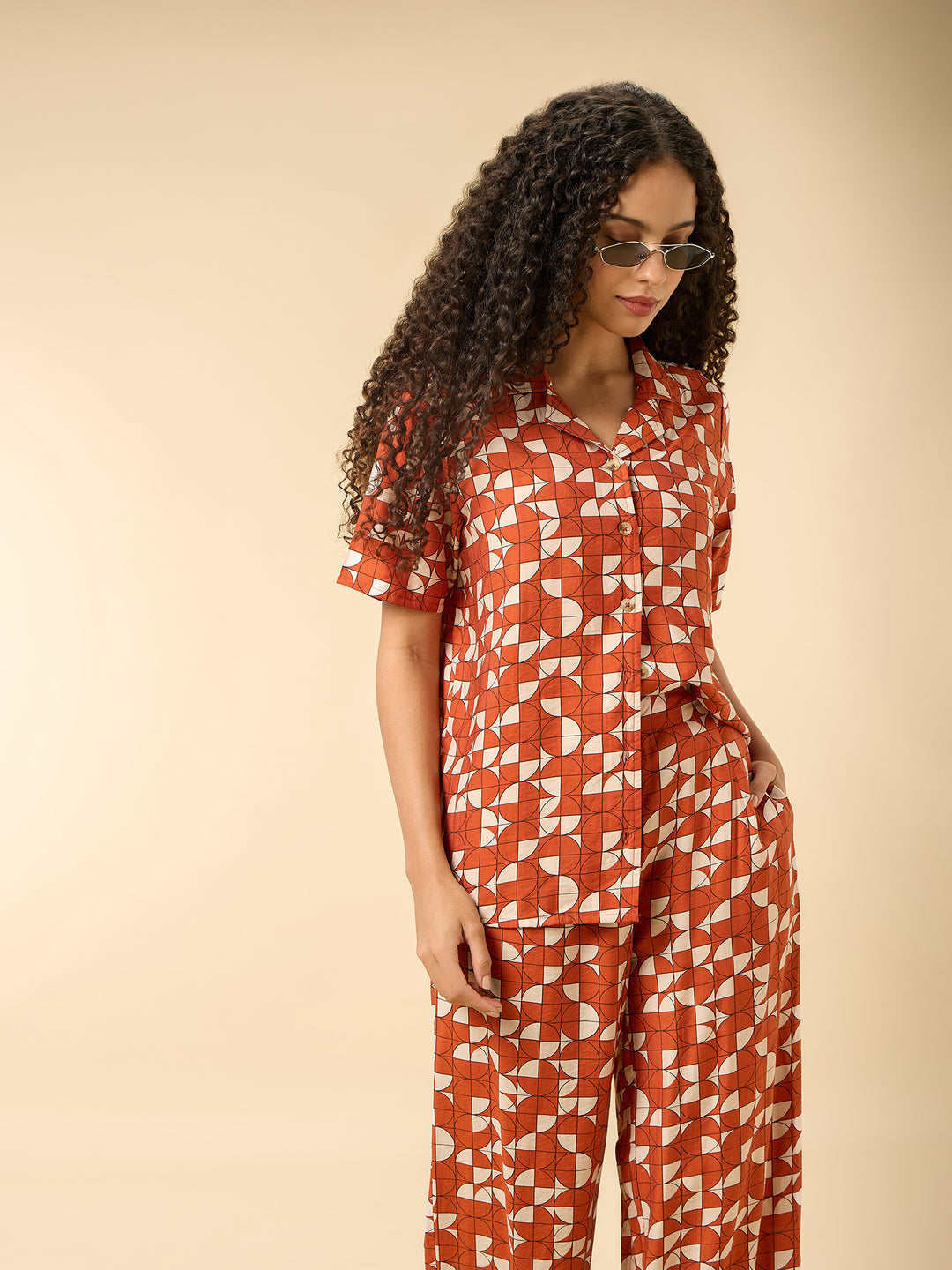 Rust Abstract Print Top And Pants Co Ord Set